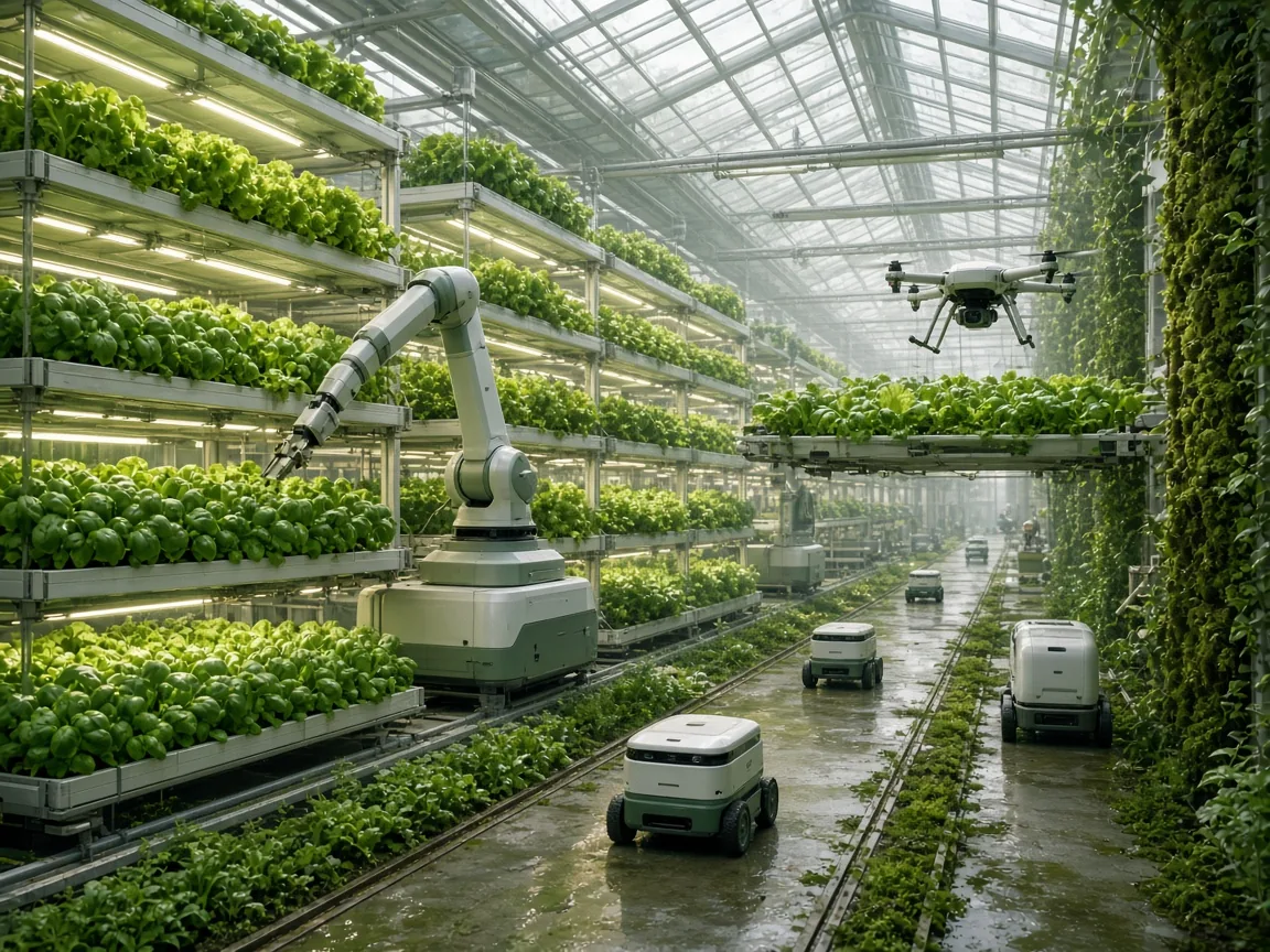 A futuristic indoor robotic farm: stacked greens, grow lights, and machines tending the crop