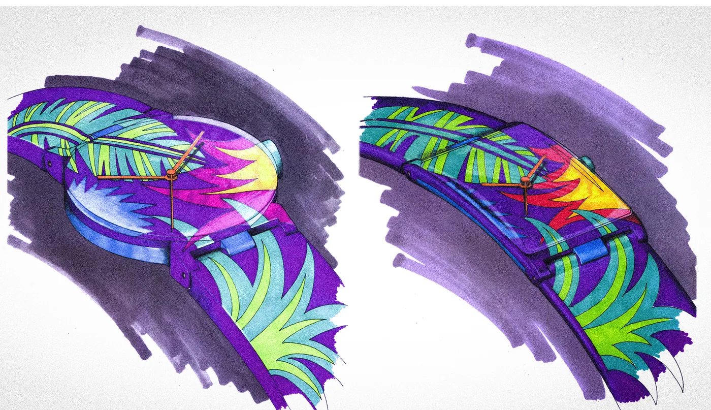 Sculpt watch studies with a print running from strap to dial