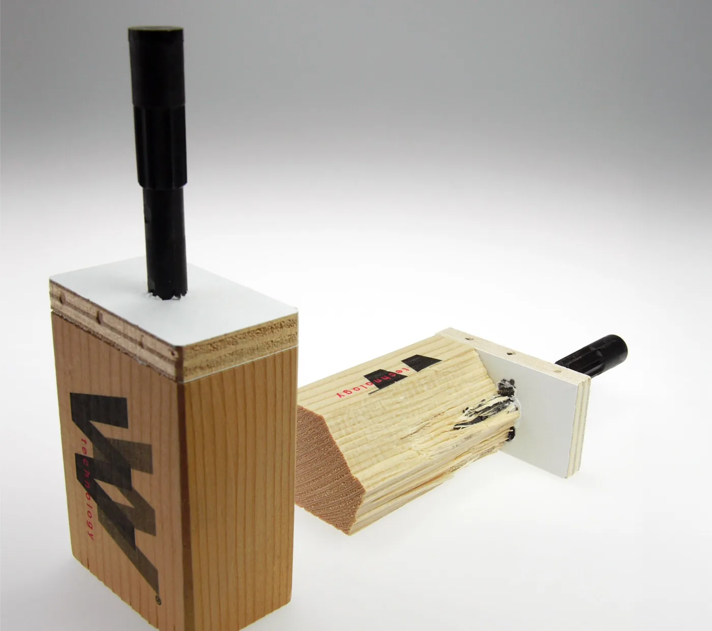 An early WoodWelding test - a thermoplastic pin welded into a block of wood