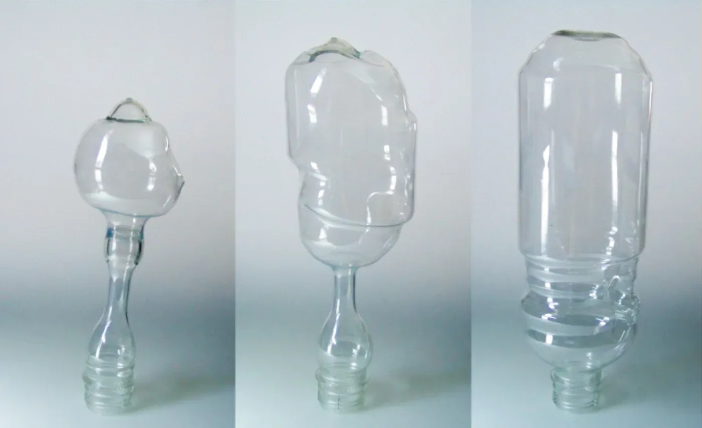 PET preforms at three stages of blow moulding