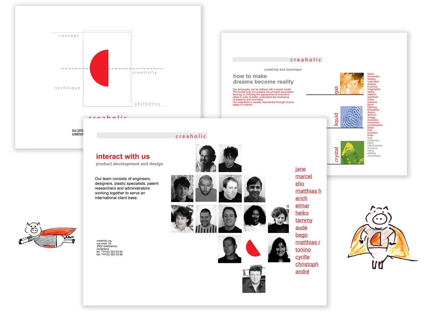 Creaholic's 1999 brand material: business card, brochure and website studies