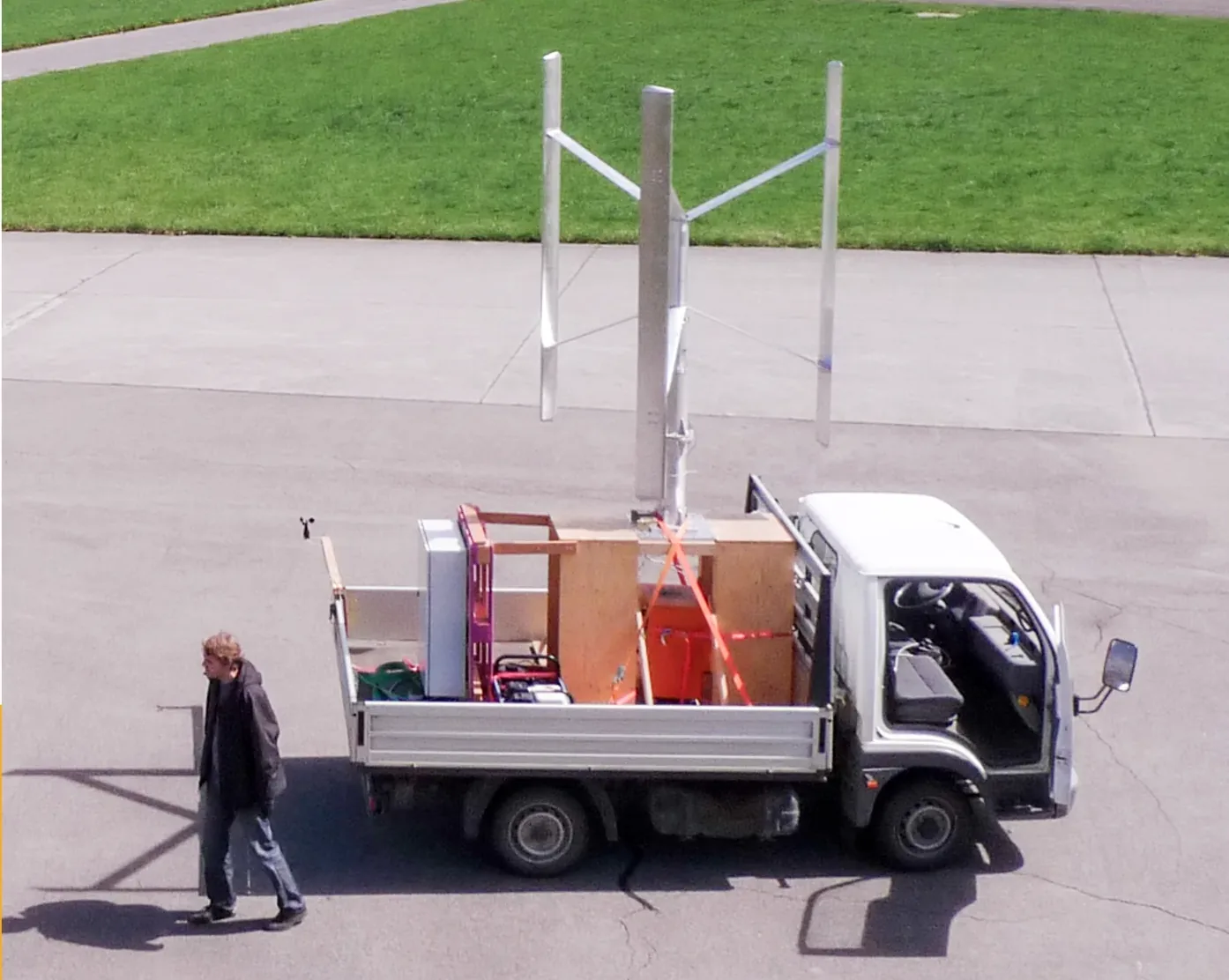 The vertical axis wind turbine on its transport truck