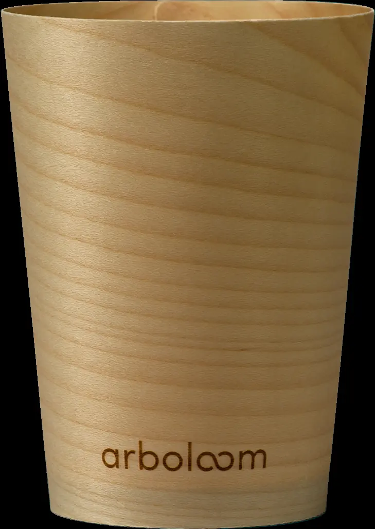 A cup formed from wood veneer, not pulp